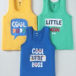 Simply Sinker Knit Sleeveless Vests With Cool Dude Text Print Pack Of 3 - Yellow Blue-picture-44