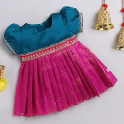 Many frocks & Brocade Woven Half Puffed Sleeves Gota Lace Embellished & Floral Printed Pleated Ethnic Dress - Blue & Pink-image-57