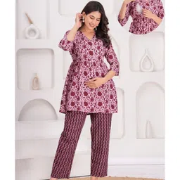 CeleBravo Rayon Woven Three Fourth Sleeves Floral Printed Maternity Ethnic Kurta With Nursing Access & Pant Set - Maroon-picture-36