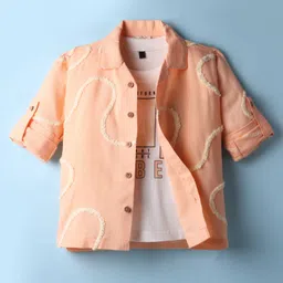 Rikidoos Full Sleeves Lace Detailed Shirt & Vibes Text Printed Tee - Peach & White-picture-28