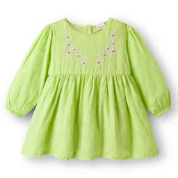 Babyhug Cotton Woven Full Sleeves Frock With Floral Embroidery - Light Green-picture-12