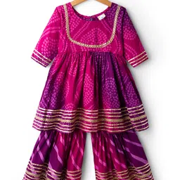 Teentare Cotton Woven Full Sleeves Kurta & Sharara Set With Bandhani Print - Purple-image-60