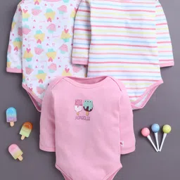 BUMZEE Cotton Knit Pack Of 3 Full Sleeves Striped & Cupcakes Printed Onesies - Pink & White-picture-16