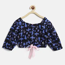 Tales & Stories Viscose Woven Three Fourth Sleeves Floral Printed Smocked Crop Top - Black & Blue-picture-27