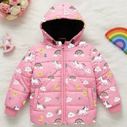 Trampoline Knit Full Sleeves Rainbow & Unicorn Printed Light Winter Hooded Puffer Jacket - Pink-picture-16