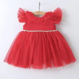Mark & Mia Sleeveless Party Wear Frock Style Onesie Solid Colour - Red image 2