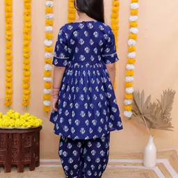 aatya kiids AATYA by Shruti Agarwal Cotton Half Sleeves Floral Printed & Lace Embellished Kurta Afghani Salwar Set - Blue image 3