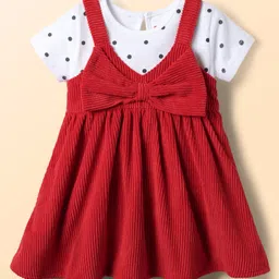 Babyhug Cotton Woven Frock & Half Sleeves Inner Tee With Polka Dot Print & Bow Applique - Red & White image 2