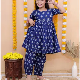 aatya kiids AATYA by Shruti Agarwal Cotton Half Sleeves Floral Printed & Lace Embellished Kurta Afghani Salwar Set - Blue image 4