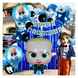 Bubble Trouble Baby Boss Theme Birthday Decorations Combo/ Blue White Black Balloons/Boss Baby Foil Balloons/ Blue Curtains/Blue Confetti Balloon Boss Baby Theme Decoration Kit (Set of 57pcs) image 3