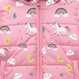 Trampoline Knit Full Sleeves Rainbow & Unicorn Printed Light Winter Hooded Puffer Jacket - Pink image 4
