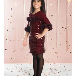 Ministitch Sequin Woven Three Fourth Frill Sleeves Sequins Embellished Floral Applique Detailed Midi Dress - Maroon image 4