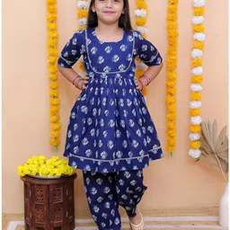 aatya kiids AATYA by Shruti Agarwal Cotton Half Sleeves Floral Printed & Lace Embellished Kurta Afghani Salwar Set - Blue image 5