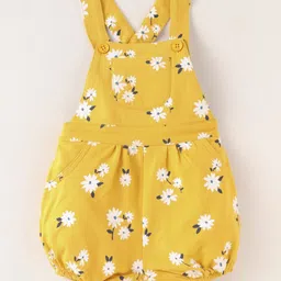 Simply Premium Interlock Knit Floral Printed Dungaree & Half Sleeves T-Shirt with Polka Dots Print - Yellow & Navy Blue image 4