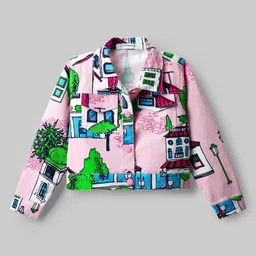 Ollington St. Cotton Lycra Twill Printed Full Sleeves Jacket & Skirt with Knit Inner Top - Light Pink image 5