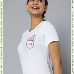 HERE&NOW Women White & Pink Pure Cotton Graphic Printed T-shirt-picture-19