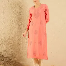 Indo Era Peach Embroidered Straight Kurta-image-12