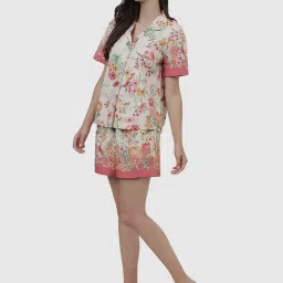 Fabindia Beige & Pink Cotton Floral Print Shirt Shorts Set image 3