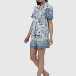 Fabindia Off-White & Blue Cotton Floral Print Shirt Shorts Set image 3