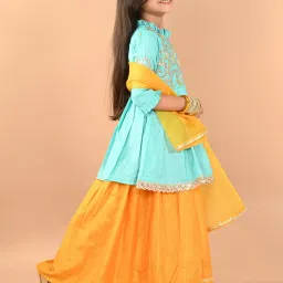 LilPicks Kids Blue & Yellow Embroidered Lehenga, Kurta With Dupatta image 3