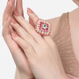 Zaveri Pearls Set of 3 Pink & Green Meenakari Ethnic Finger Rings-ZPFK15399 image 3