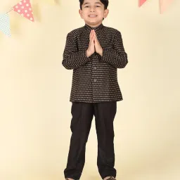 Fabindia Boys Black Brocade Printed Kurta Sets image 1
