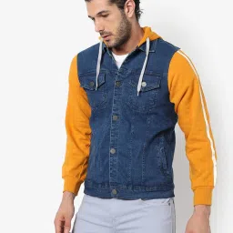 Campus Sutra Blue & Yellow Cotton Regular Fit Colour Block Hooded Jacket image 3