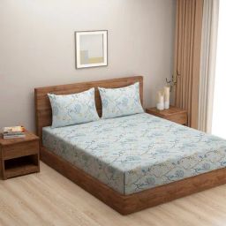Swayam Ananda Floral Grey & Blue 200 TC Cotton King Bedsheet with 2 Pillow covers-picture-45