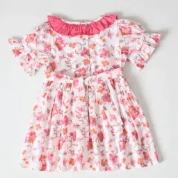 Bella Moda Girls Pink Cotton Three Fourth Sleeves Floral Printed Dress image 2