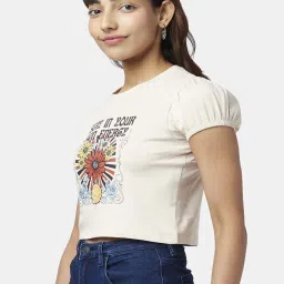 People by Pantaloons Cream Cotton Printed Cropped T-Shirt image 3