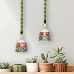 Gathari Green Ceramic Wall Hanging Macrame Bells - Set of 2 image 1