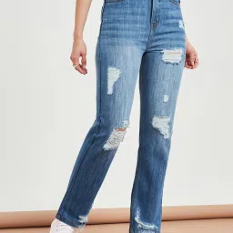 Styli Blue Cotton Distressed High Rise Jeans image 1