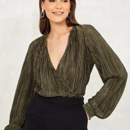 Styli Metallic Pleated Wrap Front Top with Fitted Waistband image 3