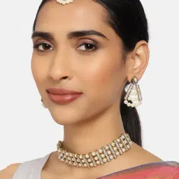 Zaveri Pearls Gold Tone Austrian Diamonds & Pearls Choker Necklace Earring & Maangtikka Set-ZPFK9973-image-0