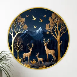 Livin'luxe Gold-Toned Hallway Round Shaped Portrait Deer Painting Wall Art 20" x 20"-picture-10