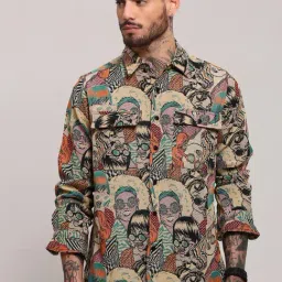 showoffff Showoff Beige Cotton Regular Fit Graphic Shacket-picture-42