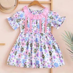 Bella Moda Girls Green Cotton Three Fourth Sleeves Floral Printed Dress-picture-8