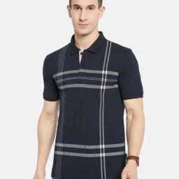 Octave Navy Cotton Regular Fit Striped Polo T-Shirt-picture-2