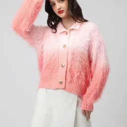 SHOWOFFFF Pink Acrylic Solid Cardigan-image-3