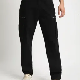Bene Kleed Black Cotton Straight Fit Solid Cargo Jeans-image-97
