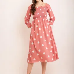 69 FASHION STREET Polka Dot Printed Smocked Crepe Fit and Flare Midi Dress-picture-19