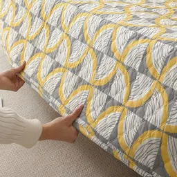 HOKIPO Yellow & Grey Print Polyester 1 Seater Sofa Seat Mat & Armrest Covers with Pockets image 5