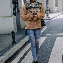 Oh Rare Women Printed Pullover Sweater with Fuzzy Detail-picture-32