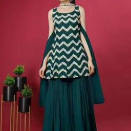 PARROT CREATION Floral Embroidered Sequinned Georgette Kurti With Sharara And Dupatta-picture-11