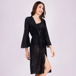 SOIE Womens Full Sleeves Zebra Print Lace Robe Cover Up image 3