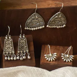 NAMAN ARTS Set Of 3 Silver-Plated Artificial Beaded Oxidised Triangular Drop Earrings-picture-12