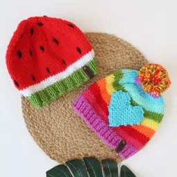 Woonie Watermelon & Heart Embroidered With Pom Pom Applique Detailed   Hand knitted  Caps - Red-picture-10
