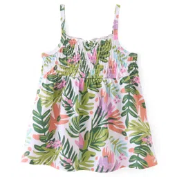 Babyhug Cotton Knit Sleeveless Leaves Printed & Smocking Detailed Top - Multicolour-picture-12