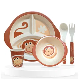 Bembika Baby Self Feeding Essential Baby Dinnerware Bamboo Fibre Dinner Set For Kids For Kids And Toddlers Monkey - Pack Of 5 (Brown)-picture-24