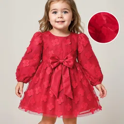 Babyoye Woven Full Peasant Sleeves Party Frock with Bow & Floral Applique - Red-picture-11